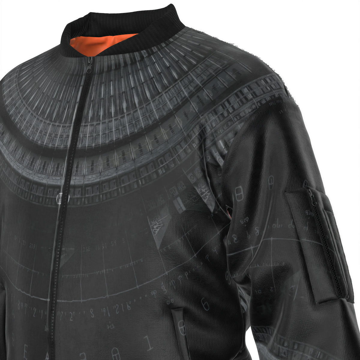 Silent Grid Bomber Jacket — Men's Bomber With Sleeve Pocket — garment shown without model, close-up of the print and collar