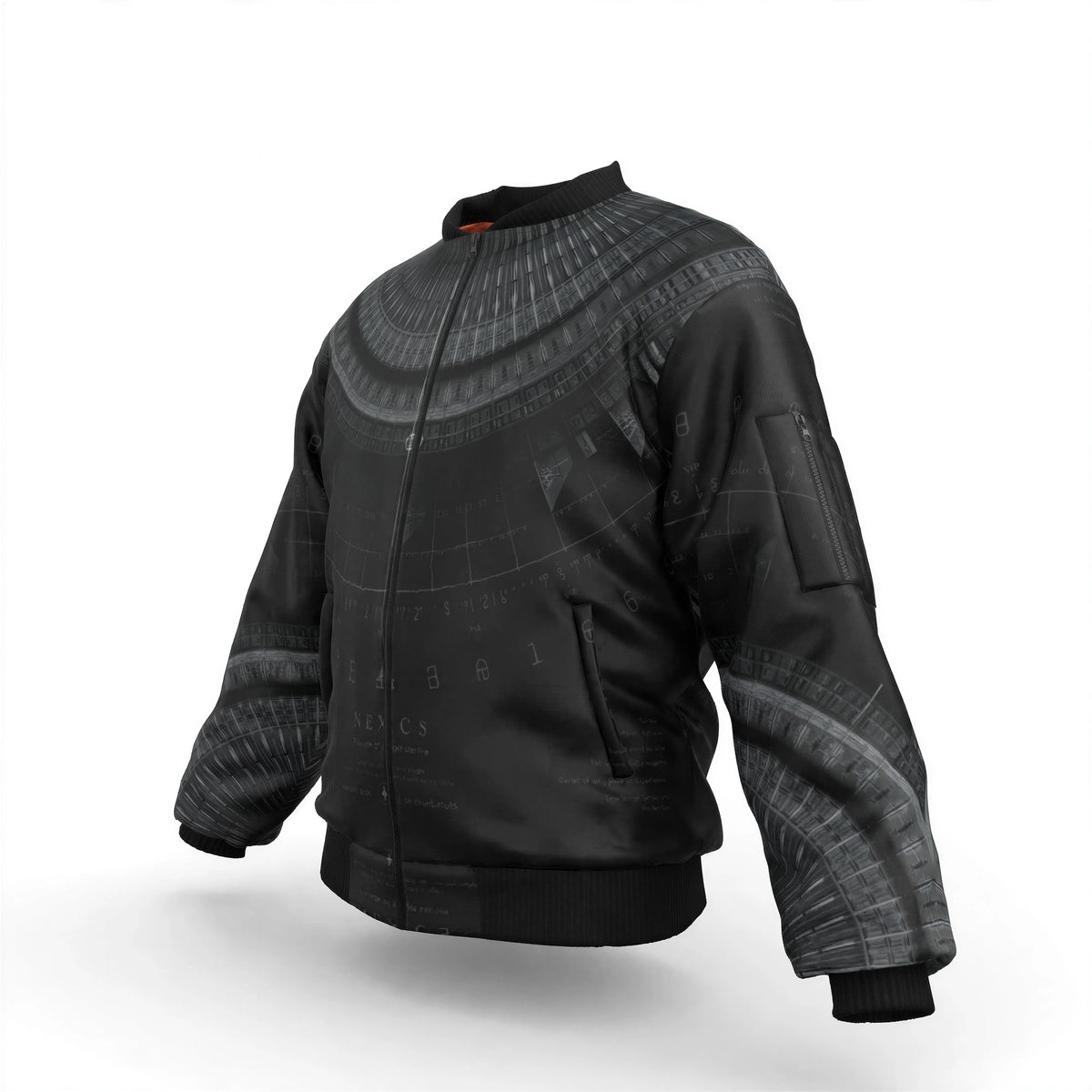 Silent Grid Bomber Jacket — Men's Bomber With Sleeve Pocket — garment shown without model, opposite three-quarter view