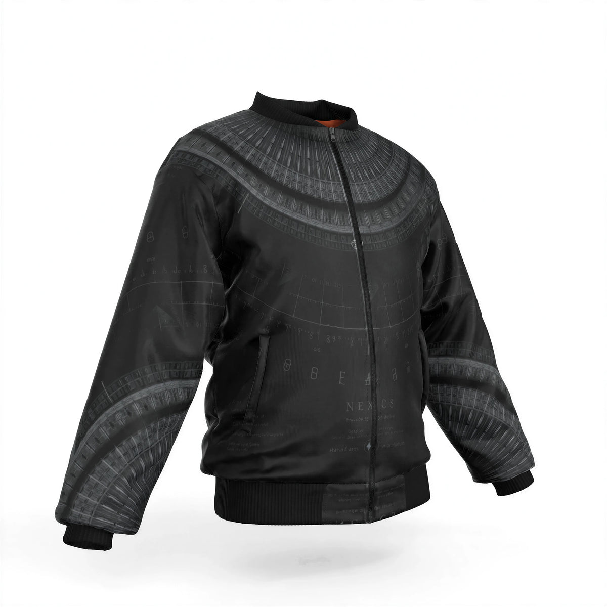 Silent Grid Bomber Jacket — Men's Bomber With Sleeve Pocket — garment shown without model, front three-quarter view