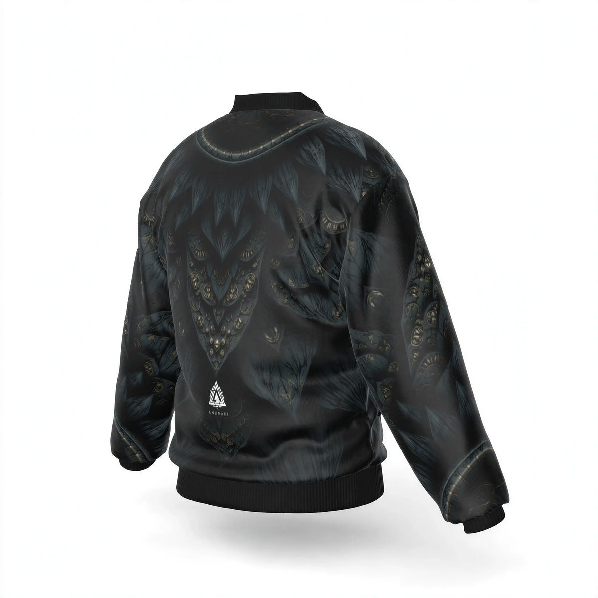 Depth Bloom — Men's Bomber Jacket With Sleeve Pocket — garment shown without model, back view