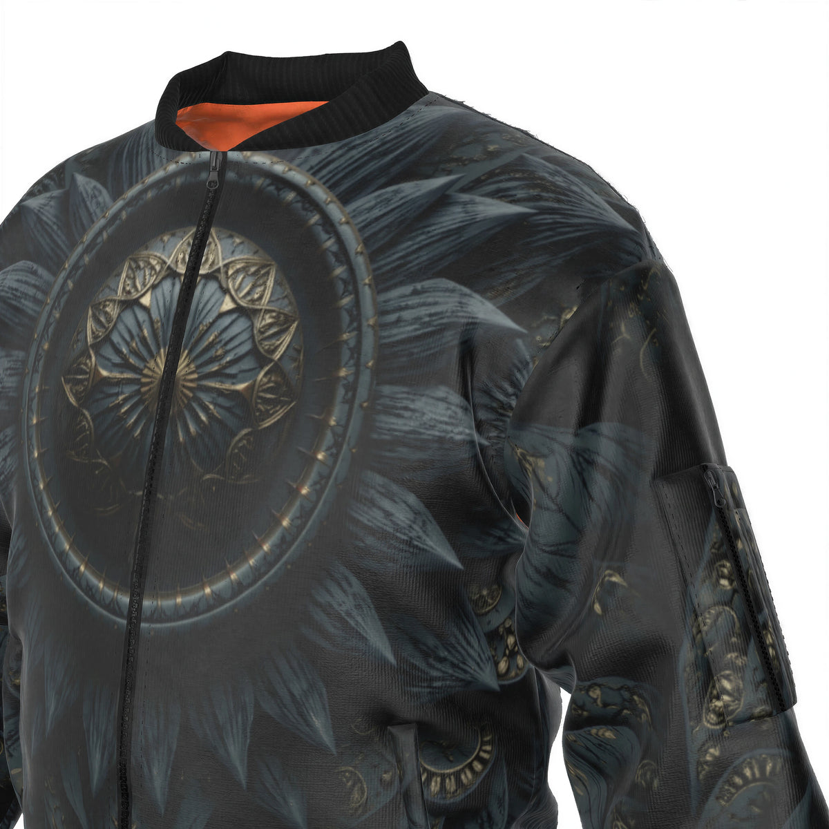Depth Bloom — Men's Bomber Jacket With Sleeve Pocket — garment shown without model, close-up of the print and collar