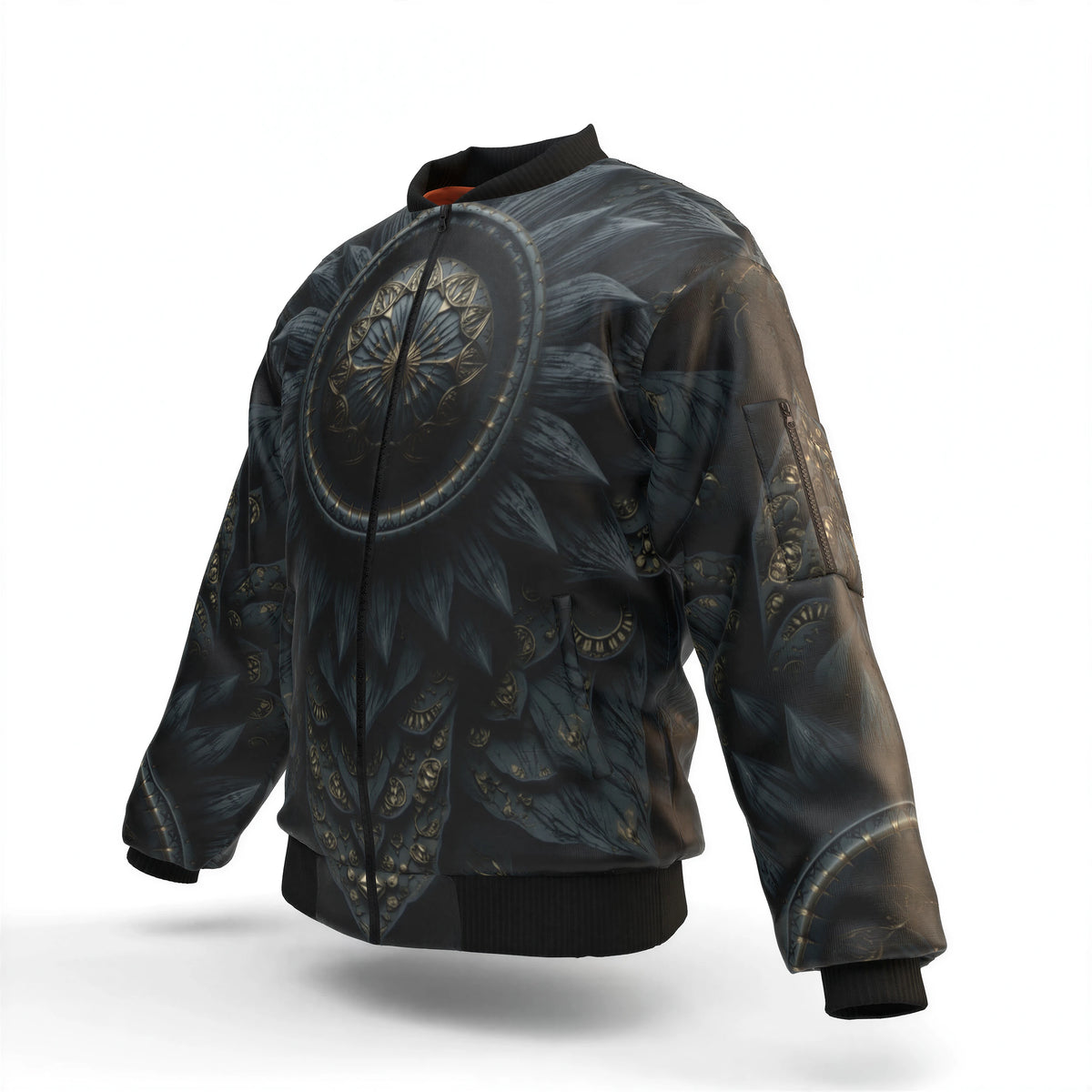 Depth Bloom — Men's Bomber Jacket With Sleeve Pocket — garment shown without model, opposite three-quarter view
