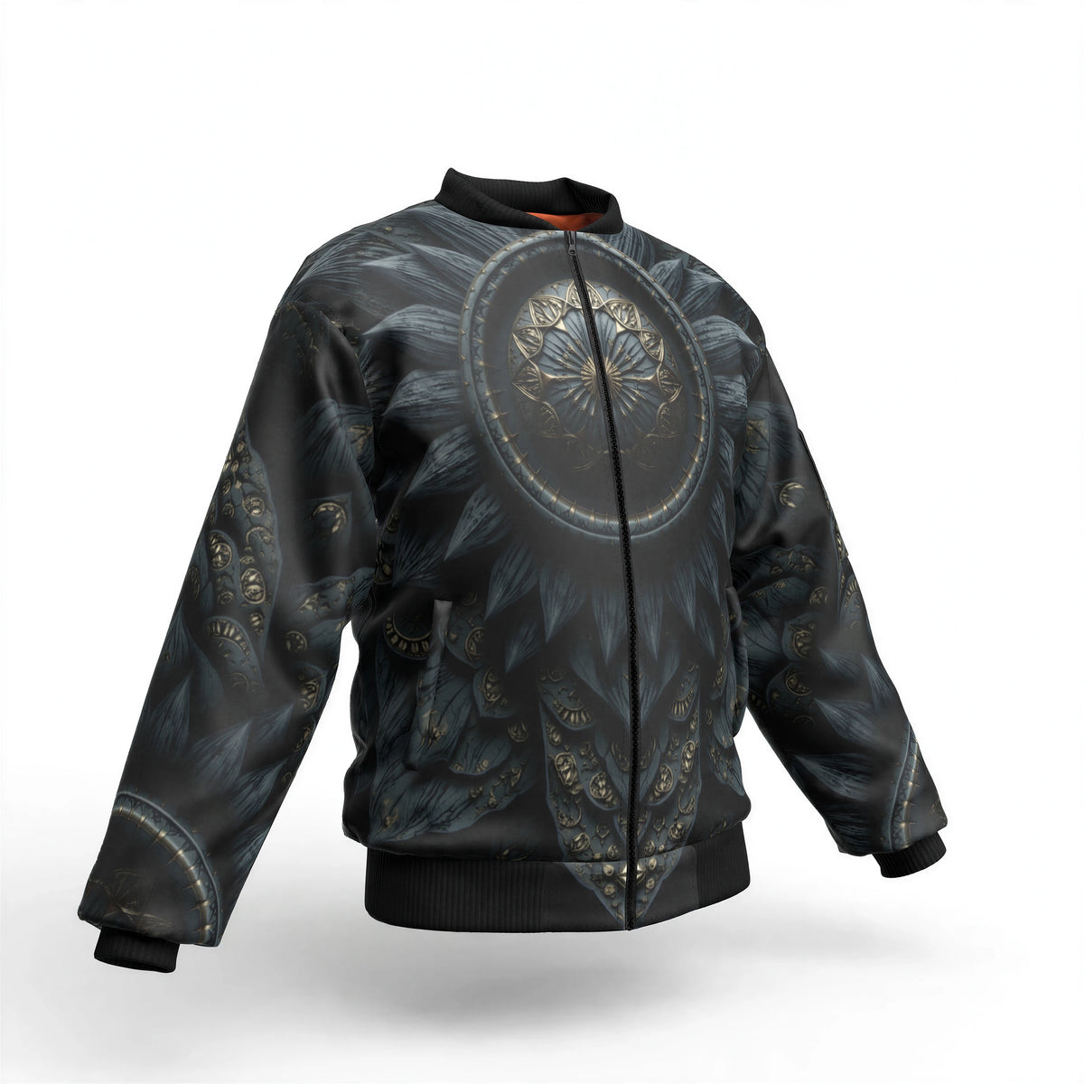 Depth Bloom — Men's Bomber Jacket With Sleeve Pocket — garment shown without model, front three-quarter view