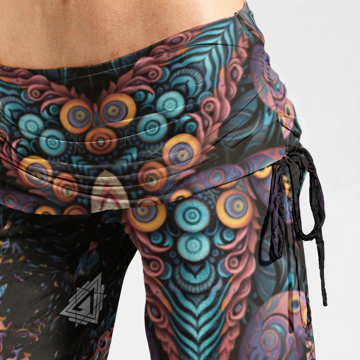 Engram 0 — Women's High Waist Wide Leg Pants — garment shown without model, close-up of the waistband and print