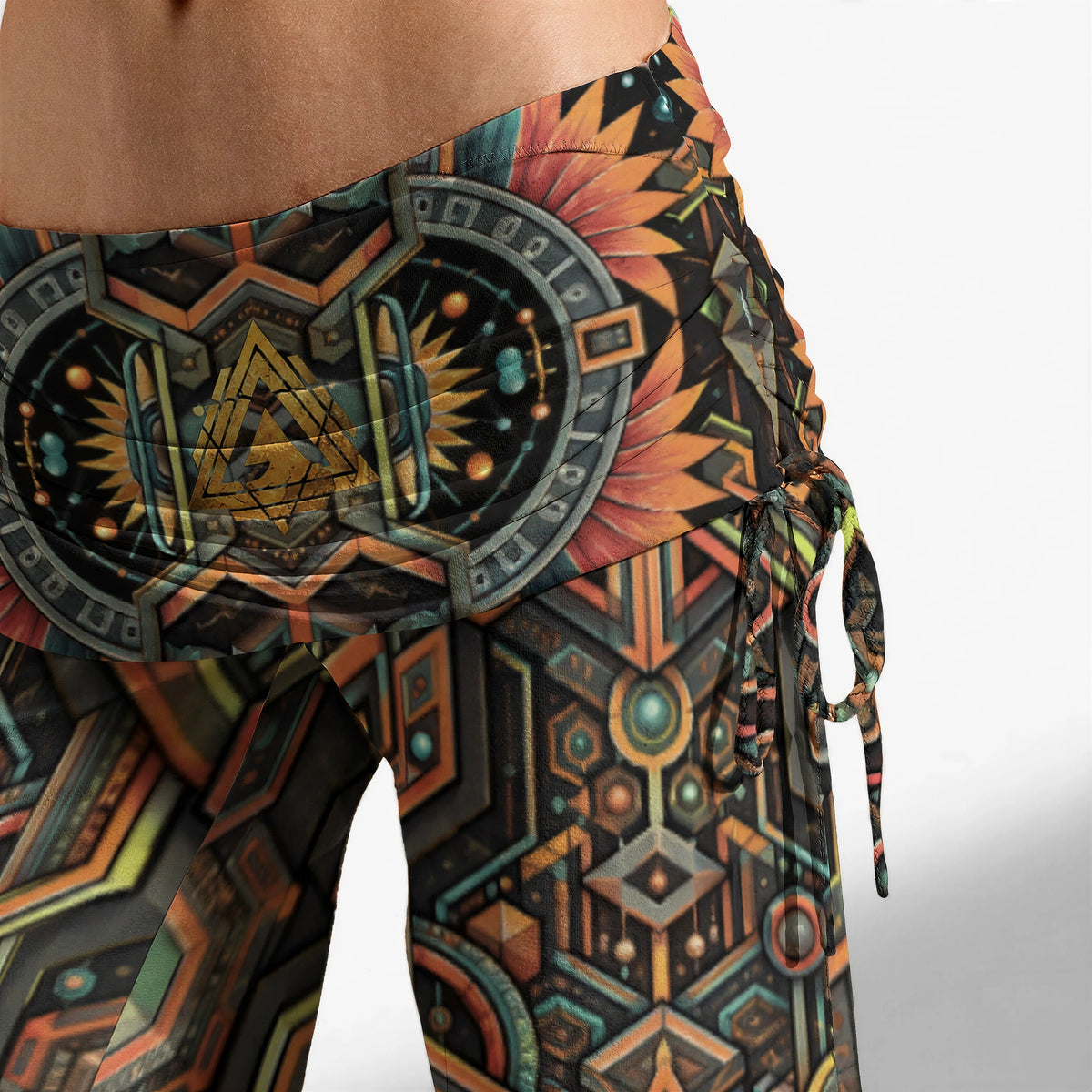 Sunfold Circuit — Women's High-Waist Wide-Leg Pants — garment shown without model, close-up of the waistband and print