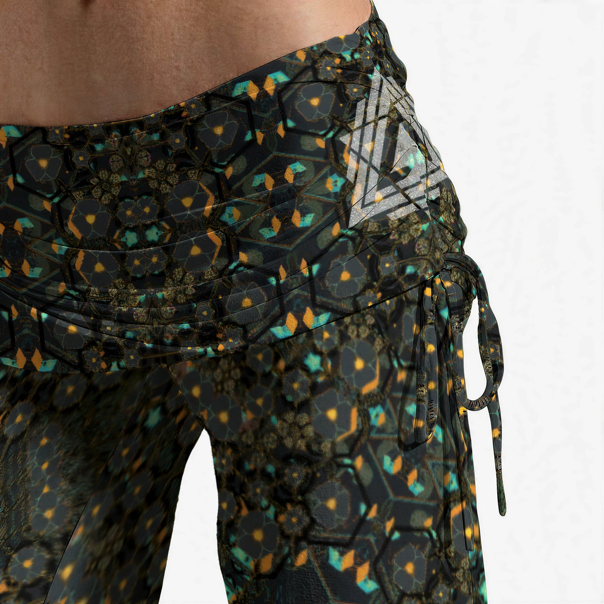 Engram 3 — Women's High Waist Wide Leg Pants — garment shown without model, close-up of the waistband and print