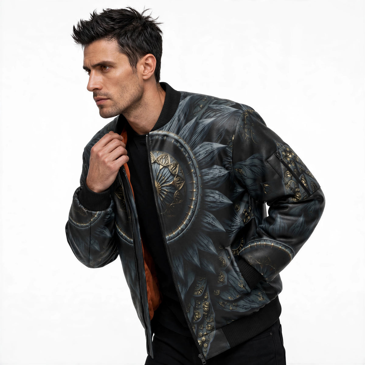 Three-quarter view showing the zippered utility pocket on the left sleeve and the mandala print wrapping the body and sleeves.