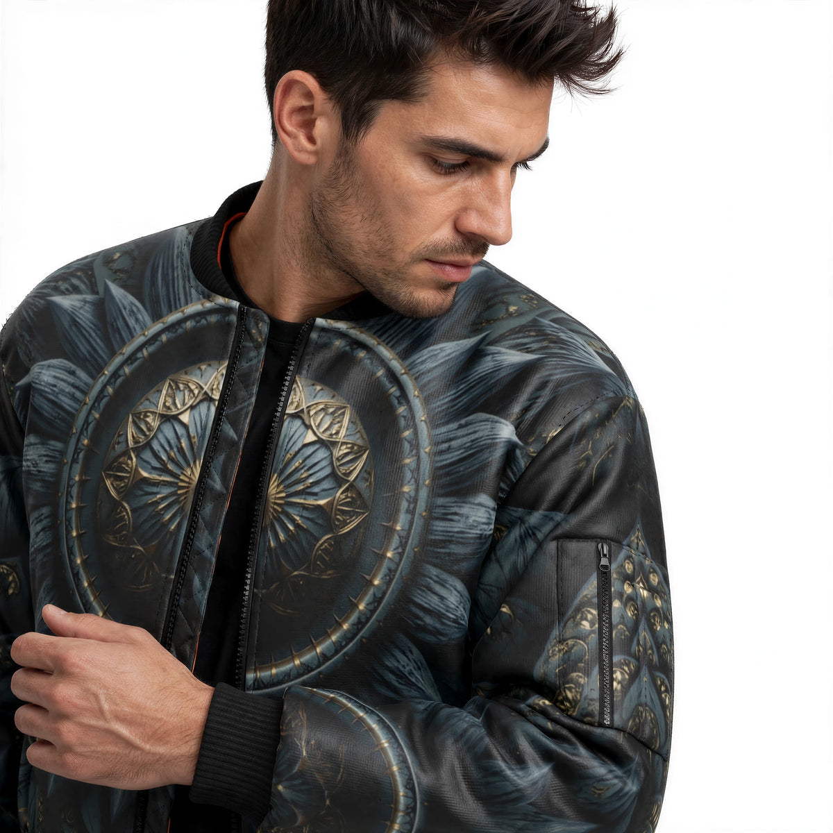 Close-up of the chest mandala, showing layered slate-blue petals, gold-toned filigree detail and the black front zip.