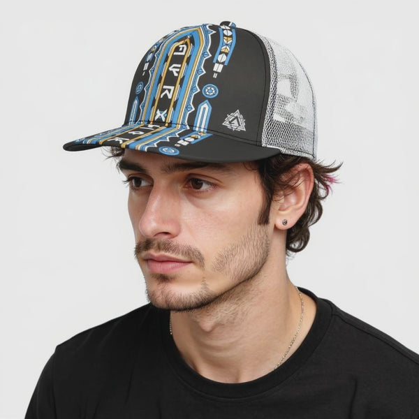 All-Over Print Black Buckle Flat-brimmed Mesh Cap With Box