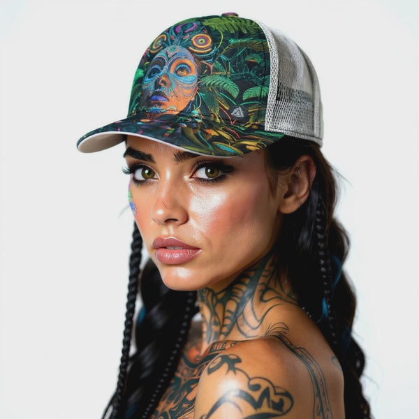All-Over Print Black Buckle Flat-brimmed Mesh Cap With Box