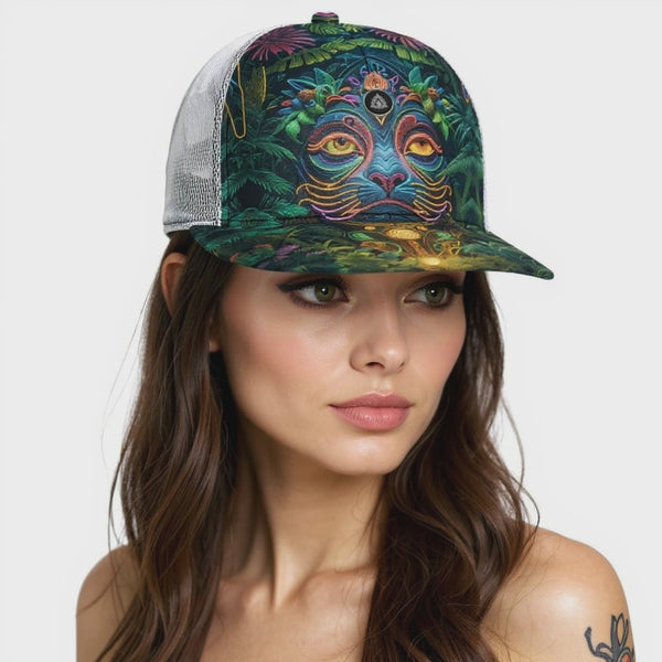 All-Over Print Black Buckle Flat-brimmed Mesh Cap With Box