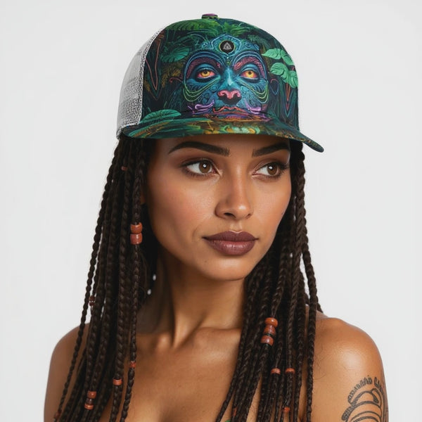 All-Over Print Black Buckle Flat-brimmed Mesh Cap With Box