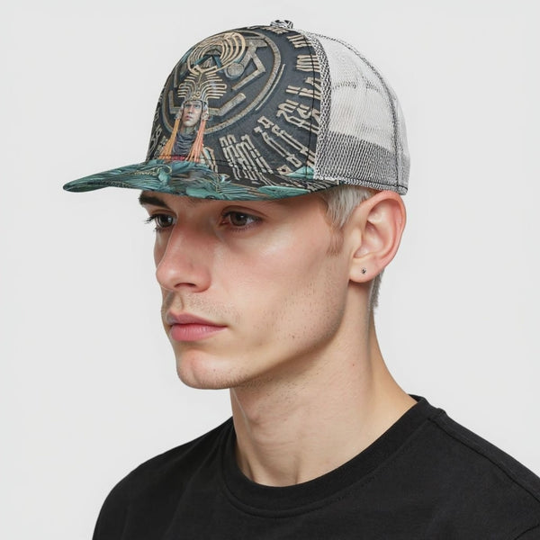 All-Over Print Black Buckle Flat-brimmed Mesh Cap With Box