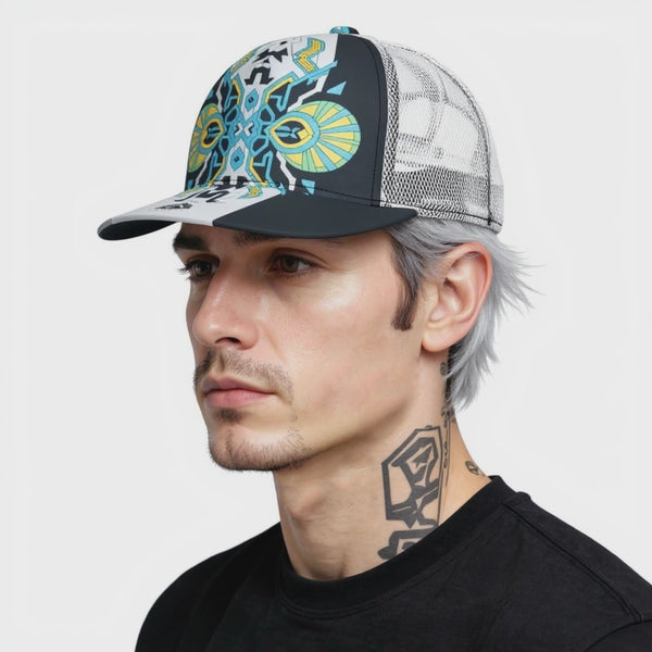 All-Over Print Black Buckle Flat-brimmed Mesh Cap With Box