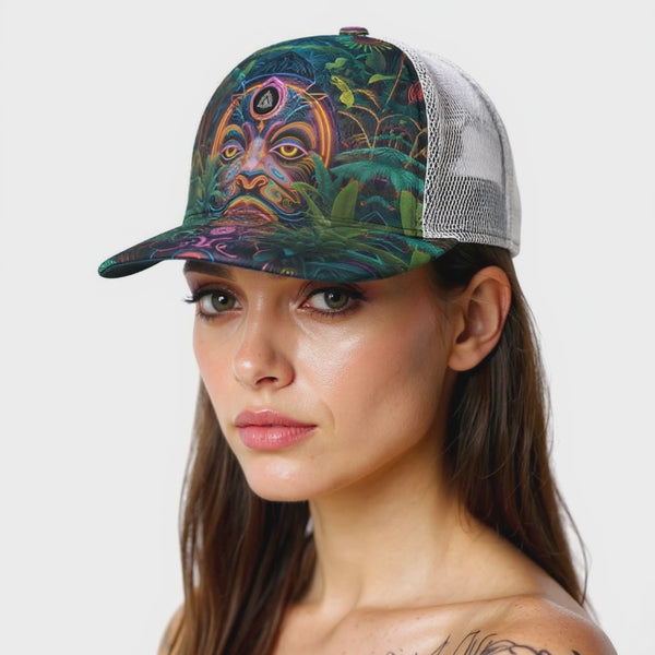 All-Over Print Black Buckle Flat-brimmed Mesh Cap With Box