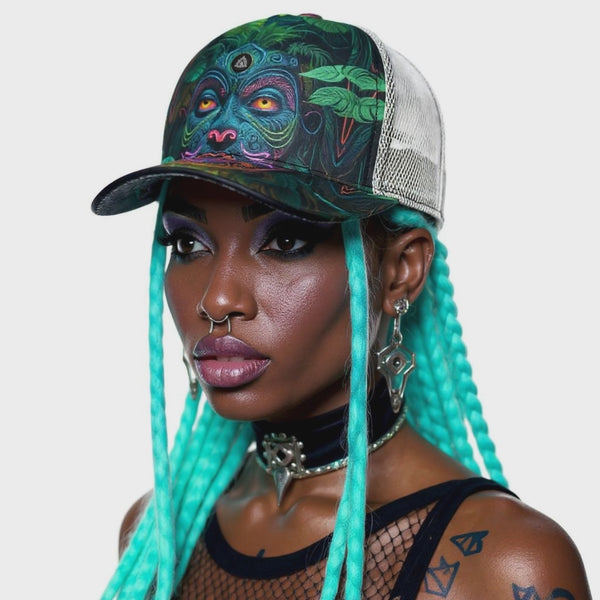 All-Over Print Black Buckle Flat-brimmed Mesh Cap With Box