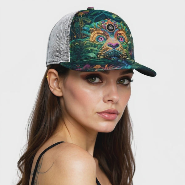 All-Over Print Black Buckle Flat-brimmed Mesh Cap With Box