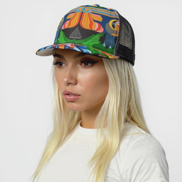 All-Over Print Black Buckle Flat-brimmed Mesh Cap With Box