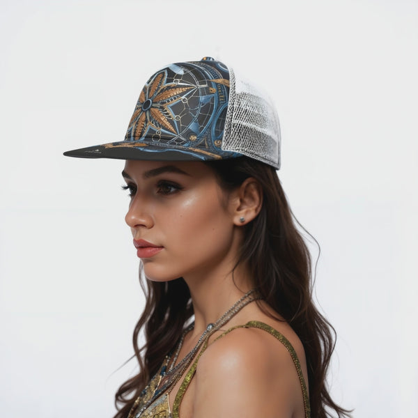 All-Over Print Black Buckle Flat-brimmed Mesh Cap With Box