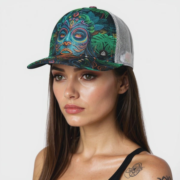 All-Over Print Black Buckle Flat-brimmed Mesh Cap With Box